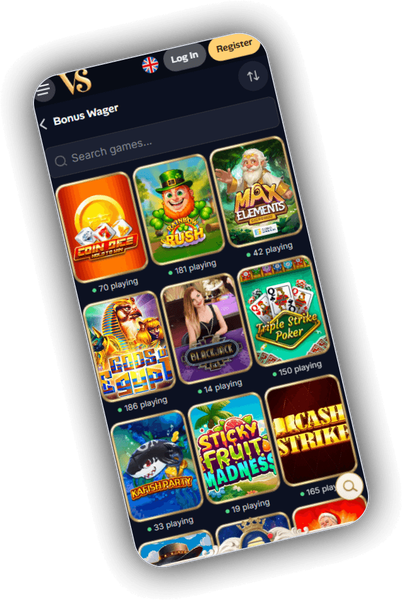 VillaSpin Casino-spellobby met de filtertabbladen Lobby, Top, New en Bonus Wager