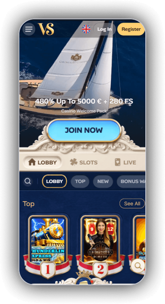 VillaSpin Casino-lobby op mobiel met de onderdelen Casino, Live Casino, Free Money, Shop en Sports