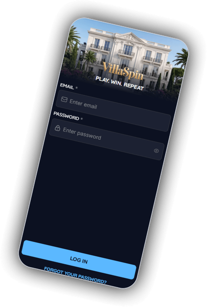 VillaSpin Casino-inlogscherm op mobiel met de slogan PLAY. WIN. REPEAT.