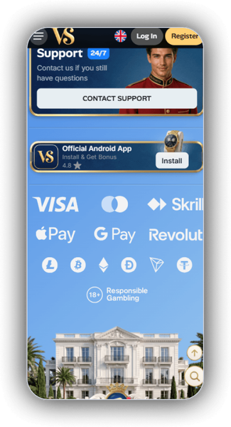VillaSpin Casino-betaallogo's, waaronder Visa, Mastercard, Skrill, Apple Pay, Google Pay, Revolut en crypto-opties
