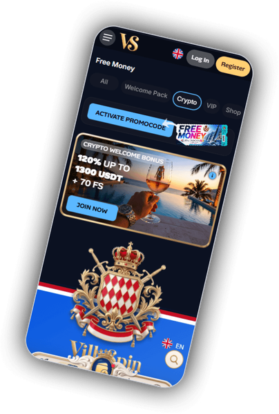VillaSpin Casino-promotiescherm met het welkomstpakket van 480% tot 5.000 EUR en 280 gratis spins