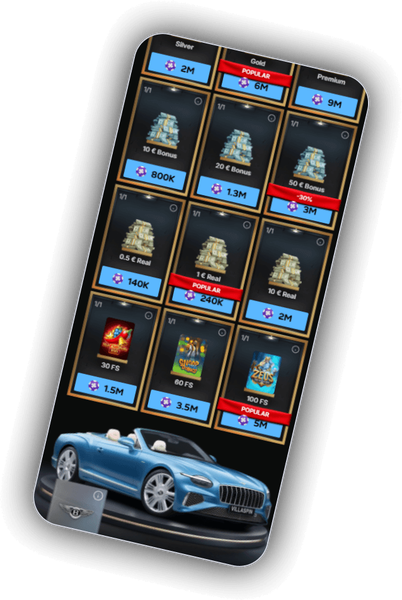 VillaSpin Casino Premium Shop-scherm waar met stortingen verdiende Chips worden ingeruild voor gratis spins en prijzen
