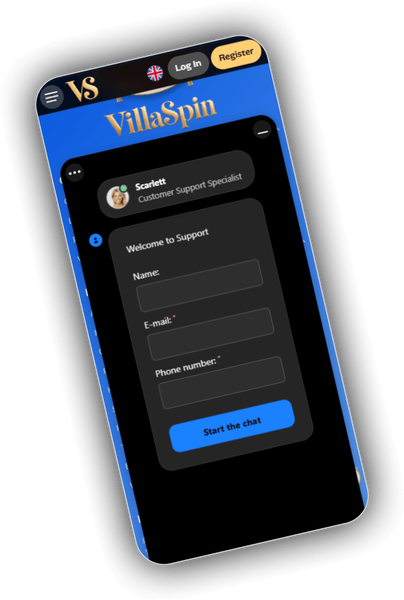 VillaSpin Casino-ondersteuningspaneel met de knop Contact Support en de officiële Android-appmelding